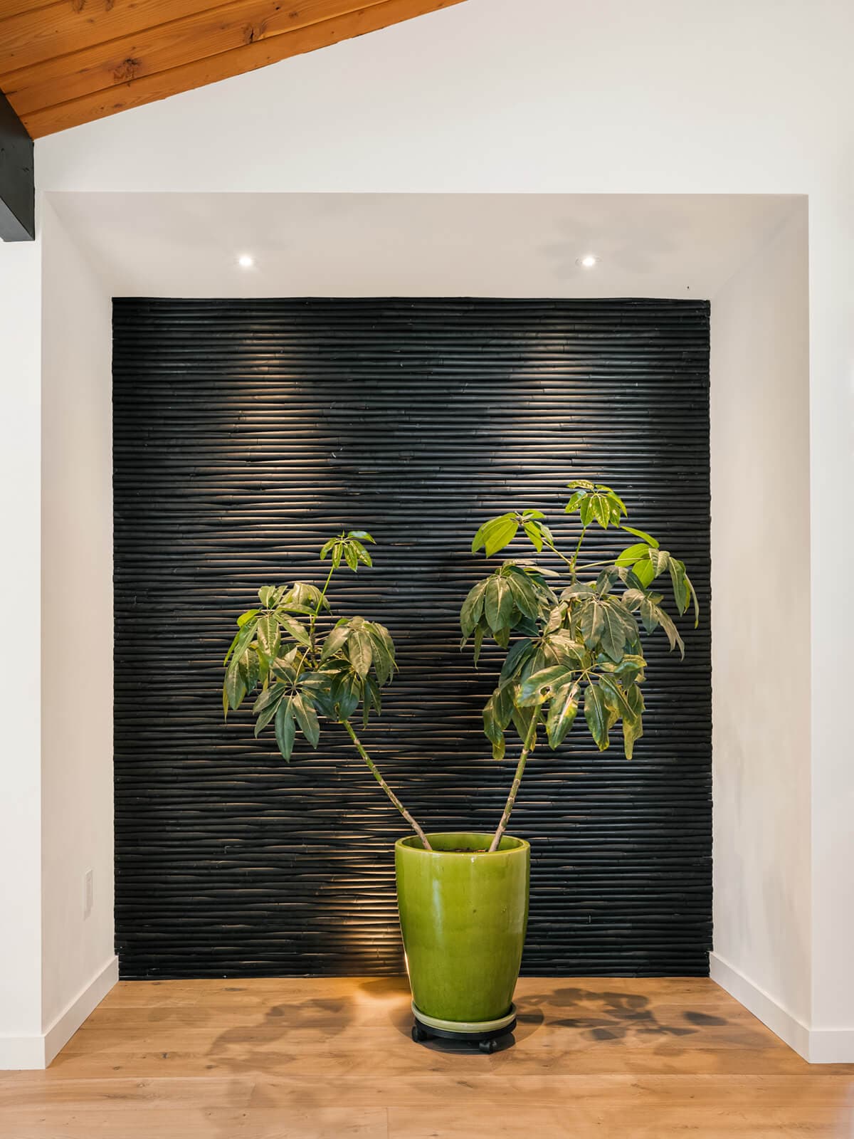 Entry with a sculpted black feature wall